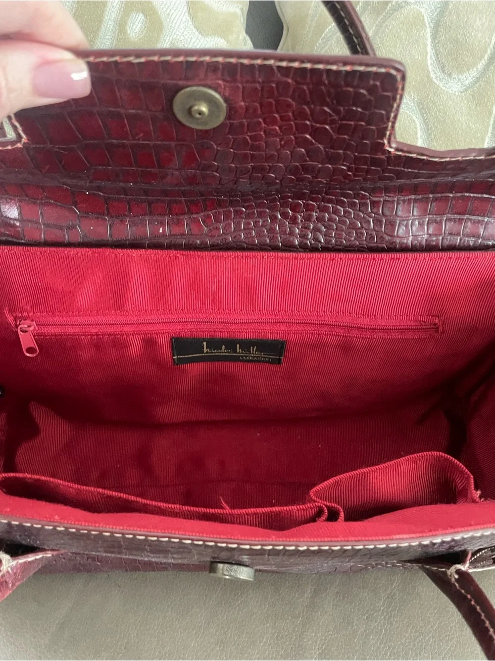 Nicole Miller Structured Croc-Embossed leather Burgundy Top-Handle Bag